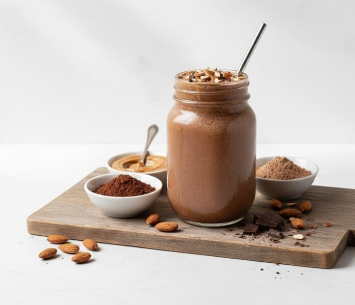 Chocolate Almond Energy Smoothie Chocolate almond energy smoothie with cocoa and almond butter