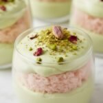 Layered pistachio rose cups topped with edible petals