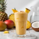 Tropical mango coconut smoothie with pineapple and coconut water