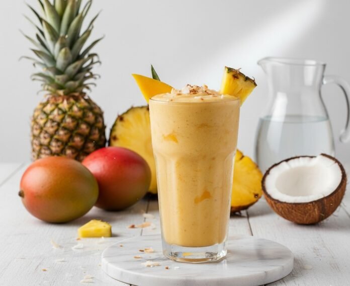Tropical Mango Coconut Smoothie Refreshing tropical mango coconut smoothie in a glass jar with pineapple garnish