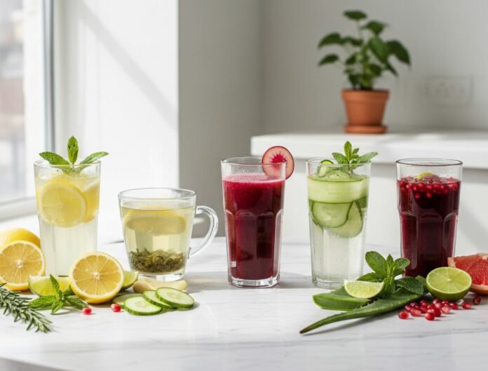 Healthy Drinks for Glowing Skin 1 Healthy drinks for glowing skin with natural ingredients on a marble table