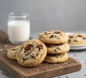 Chocolate Chip Cookies red and green sprinkles for christmas