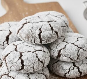 close-up of fudgy chocolate crinkle cookie texture