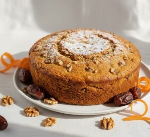 Eggless Carrot and Dates Cake Recipe | Soft, Moist & Healthy 6 eggless carrot and dates cake sliced on plate