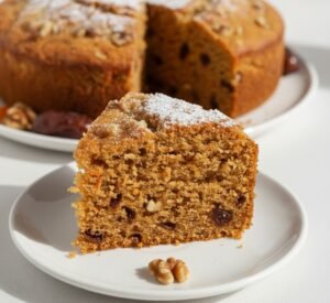 Eggless Carrot and Dates Cake Recipe | Soft, Moist & Healthy 8 eggless carrot and dates cake sliced on plate